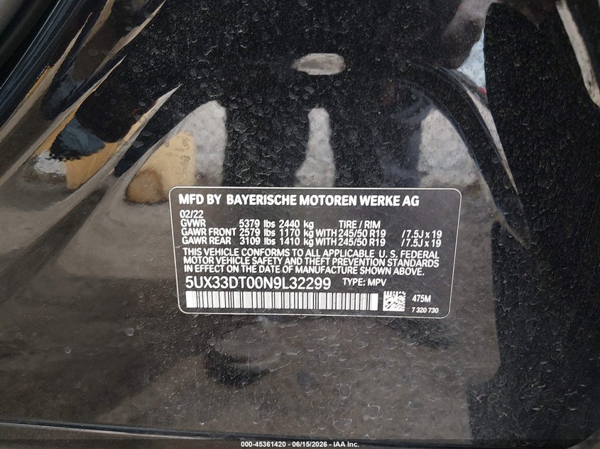 2022 BMW X4 VIN 5UX33DT00N9L32299 IAAI salvage auction — ALL OVER, Salvage Title, sold $16,000 on 2026-07-19 (photo 9)