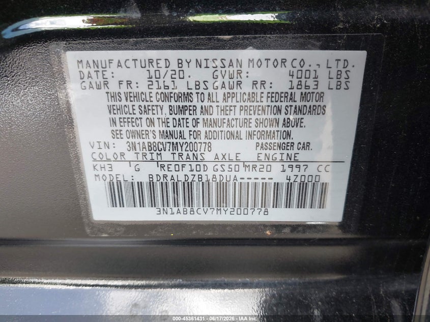 2021 Nissan Sentra VIN 3N1AB8CV7MY200778 IAAI salvage auction — RIGHT FRONT, Salvage Title, sold $1,600 on 2026-07-29 (photo 9)