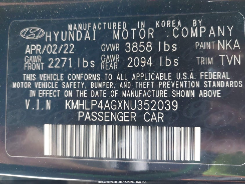 2022 Hyundai Elantra VIN KMHLP4AGXNU352039 IAAI salvage auction — RIGHT FRONT, Salvage (Ohio), sold $3,450 on 2026-07-22 (photo 9)