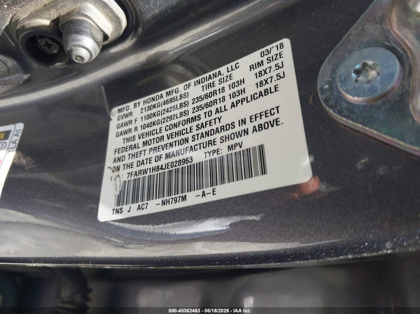 2018 Honda Cr-v VIN 7FARW1H84JE028963 IAAI salvage auction — SIDE, Salvage Title, sold $3,400 on 2026-07-18 (photo 9)
