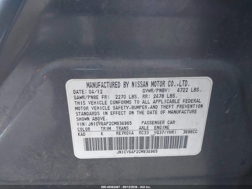 2012 Infiniti G VIN JN1CV6AP2CM934965 IAAI salvage auction — LEFT REAR, Salvage (California), sold $1,150 on 2026-07-07 (photo 9)