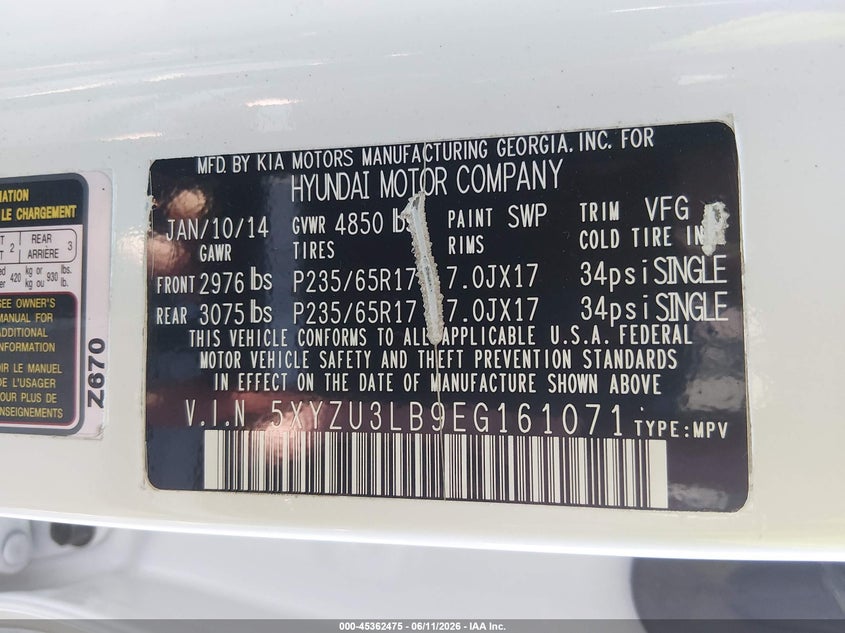 2014 Hyundai Santa fe VIN 5XYZU3LB9EG161071 IAAI salvage auction — FRONT END, Salvage Title, sold $525 on 2026-07-17 (photo 9)
