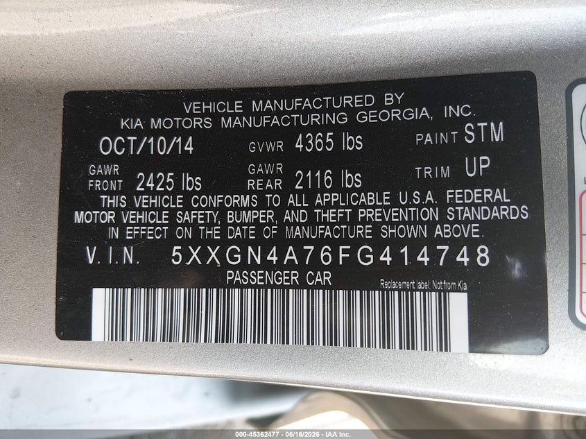 2015 Kia Optima VIN 5XXGN4A76FG414748 IAAI salvage auction — NORMAL WEAR, Clear (Kansas), sold $600 on 2026-07-31 (photo 9)