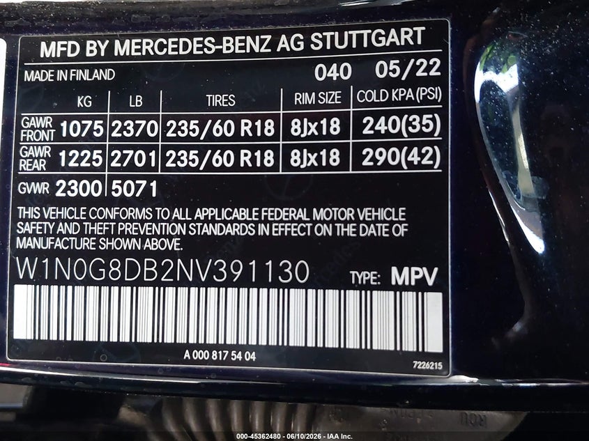 2022 Mercedes-benz Glc VIN W1N0G8DB2NV391130 IAAI salvage auction — REAR END, Salvage Title, sold $9,100 on 2026-08-01 (photo 9)