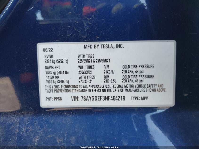 2022 Tesla Model y VIN 7SAYGDEF3NF464219 IAAI salvage auction — LEFT FRONT, Salvage Title, sold $11,800 on 2026-07-30 (photo 9)