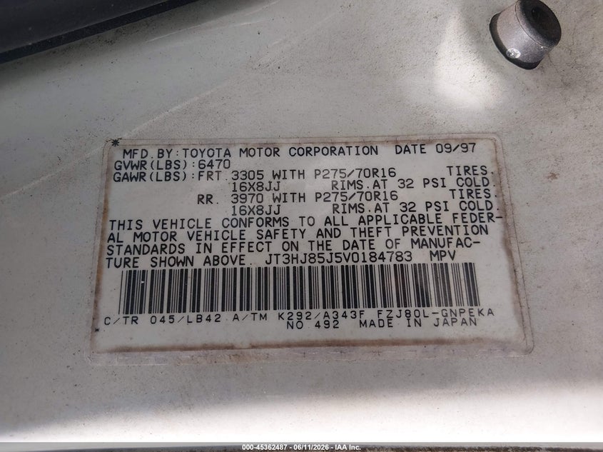 1997 Toyota Land cruiser VIN JT3HJ85J5V0184783 IAAI salvage auction — NORMAL WEAR, Clear (Virginia), sold $13,100 on 2026-07-15 (photo 9)