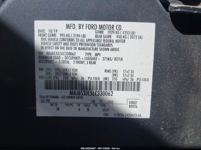 2020 Ford Ecosport VIN MAJ6S3JL5LC330062 IAAI salvage auction — NORMAL WEAR, Clear-Dealer Only (Arizona), sold $550 on 2026-07-28 (photo 9)