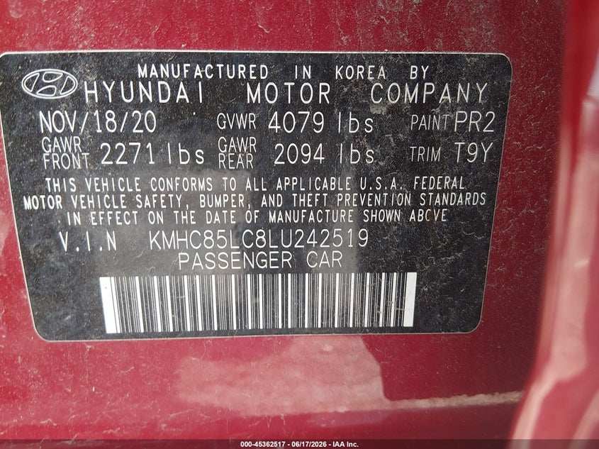 2020 Hyundai Ioniq VIN KMHC85LC8LU242519 IAAI salvage auction — FRONT END, Salvage (Idaho), sold $4,000 on 2026-07-13 (photo 9)