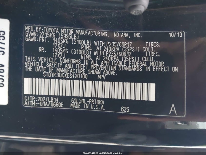2014 Toyota Sienna VIN 5TDYK3DCXES420100 IAAI salvage auction — RIGHT FRONT, Salvage (Ohio), sold $3,000 on 2026-07-15 (photo 9)