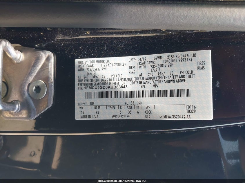 2019 Ford Escape VIN 1FMCU9GD0KUB83843 IAAI salvage auction — NORMAL WEAR, Sf97 (New Hampshire), sold $8,150 on 2026-07-23 (photo 9)