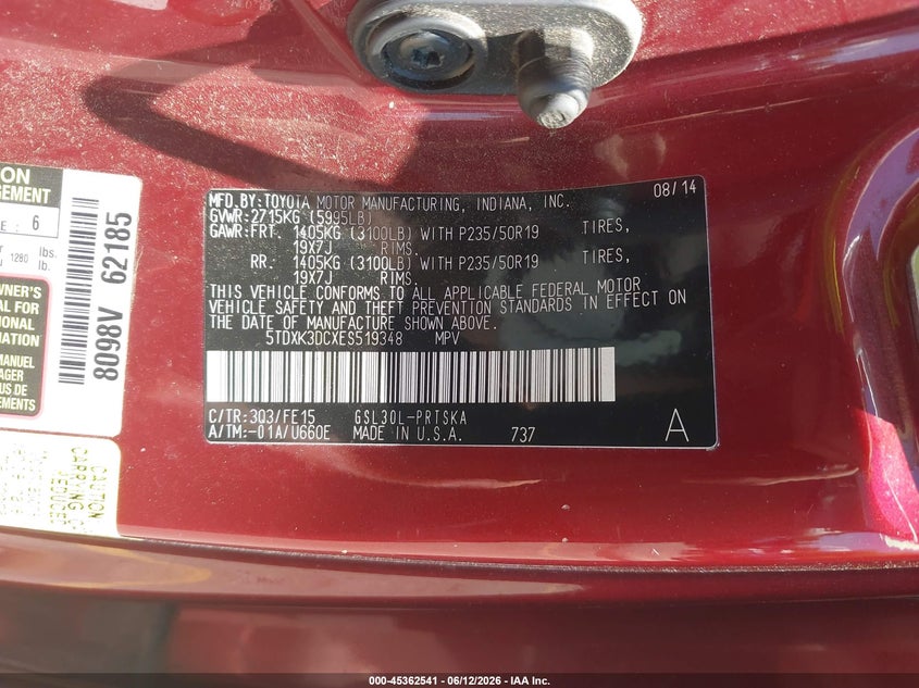2014 Toyota Sienna VIN 5TDXK3DCXES519348 IAAI salvage auction — RIGHT SIDE, Clear (Michigan), sold $4,025 on 2026-07-13 (photo 9)