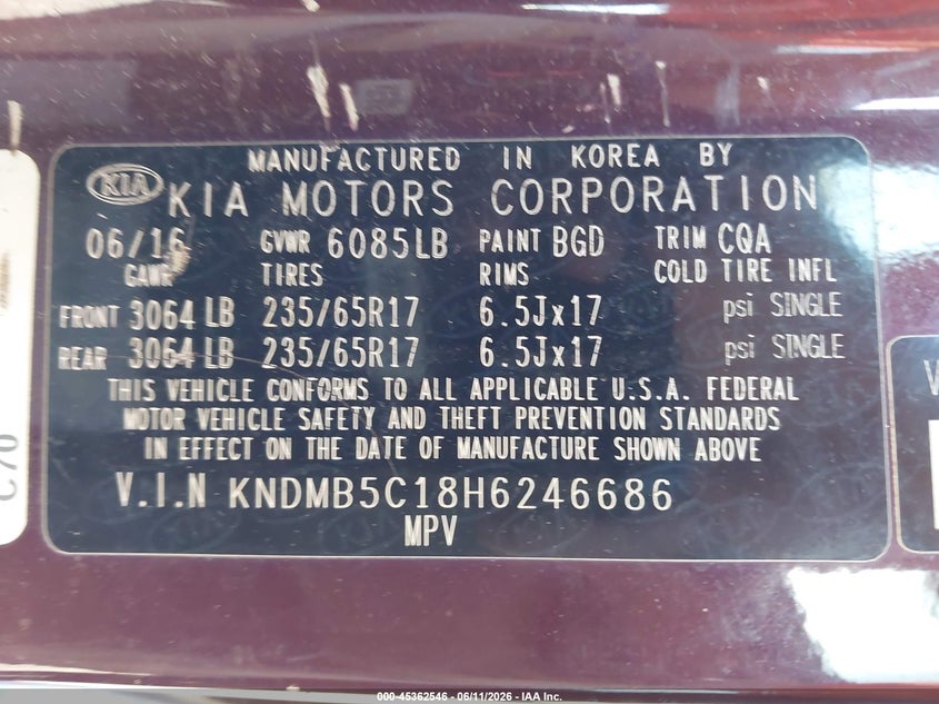 2017 Kia SEDONA VIN KNDMB5C18H6246686 IAAI salvage auction — NORMAL WEAR, Clear (Florida), sold $750 on 2026-07-14 (photo 9)