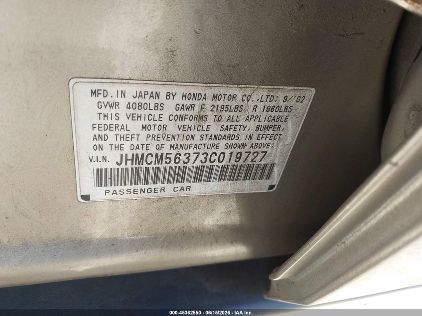 2003 Honda Accord VIN JHMCM56373C019727 IAAI salvage auction — LEFT FRONT, Salvage (California), sold $375 on 2026-07-09 (photo 9)