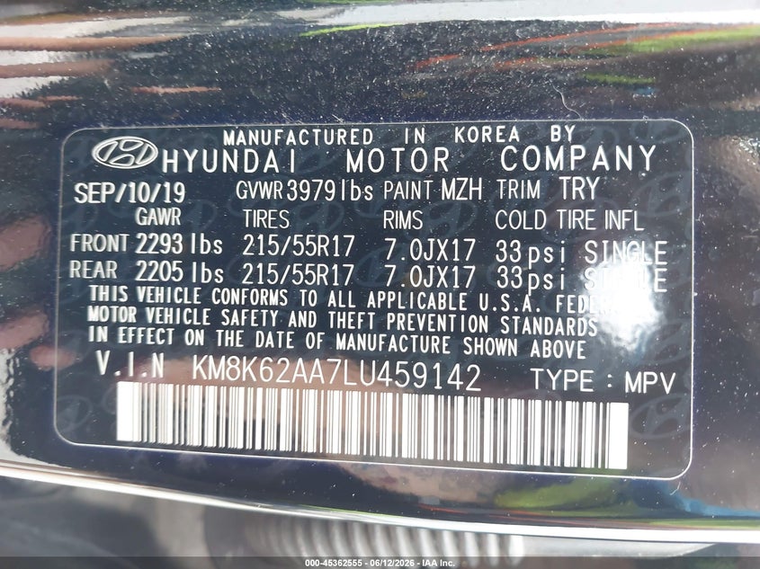 2020 Hyundai Kona VIN KM8K62AA7LU459142 IAAI salvage auction — FRONT END, Salvage (Indiana), sold $1,400 on 2026-07-23 (photo 9)