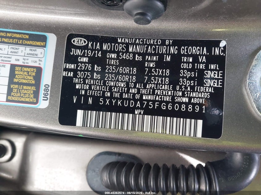 2015 Kia Sorento VIN 5XYKUDA75FG608891 IAAI salvage auction — SIDE, Bill Of Sale (Washington), sold $1,650 on 2026-07-22 (photo 9)