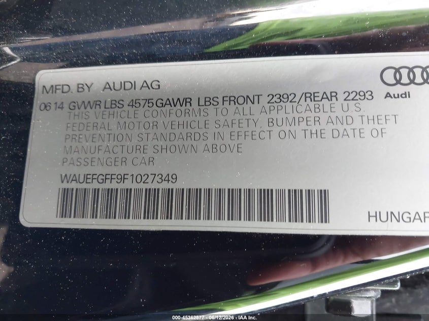 2015 Audi A3 VIN WAUEFGFF9F1027349 IAAI salvage auction — FRONT END, Salvage (Maine), sold $25 on 2026-07-27 (photo 9)