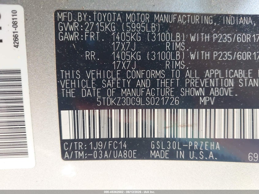 2020 Toyota Sienna VIN 5TDKZ3DC9LS021726 IAAI salvage auction — FRONT END, Salvage Title, sold $6,150 on 2026-07-20 (photo 9)