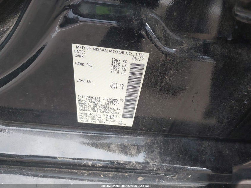2022 Nissan Altima VIN 1N4BL4CV9NN399134 IAAI salvage auction — REAR END, Salvage (Tennessee), sold $4,150 on 2026-07-12 (photo 9)