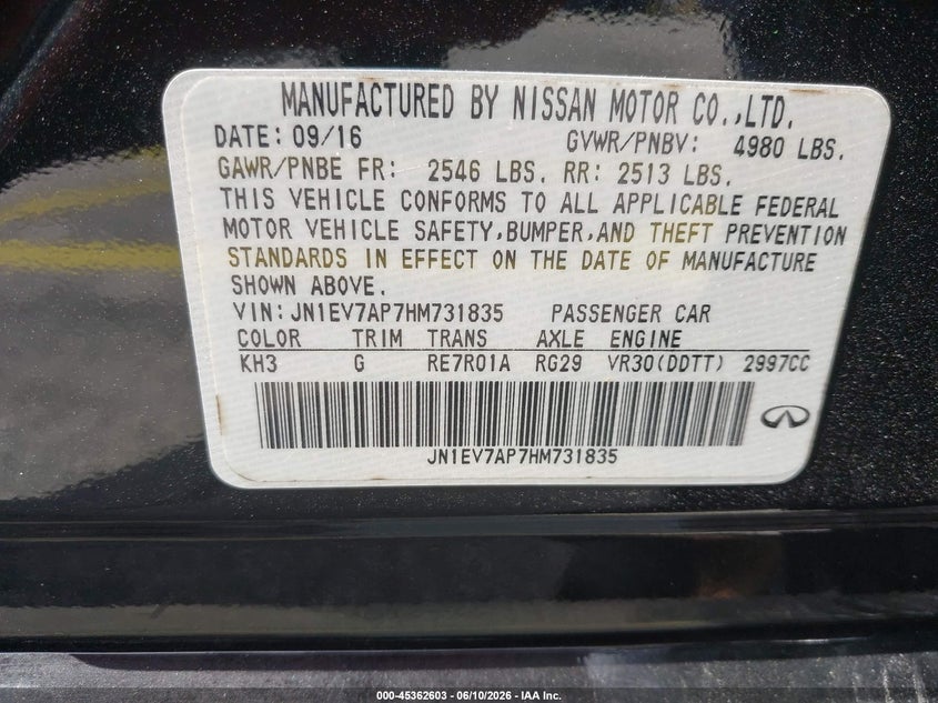 2017 Infiniti Q50 VIN JN1EV7AP7HM731835 IAAI salvage auction — NORMAL WEAR, Salvage (Florida), sold $1,200 on 2026-07-09 (photo 9)