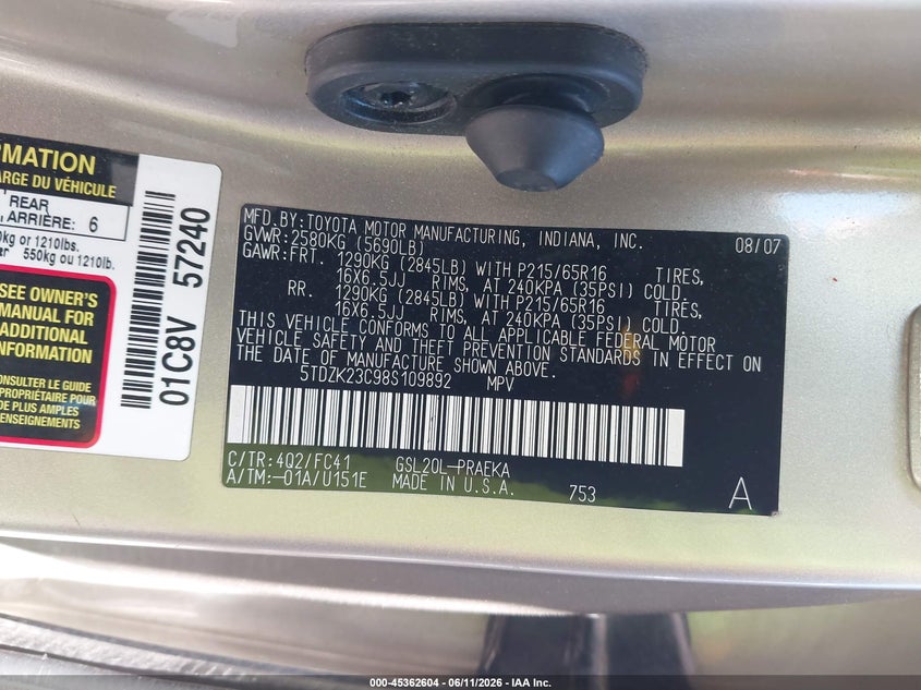 2008 Toyota Sienna VIN 5TDZK23C98S109892 IAAI salvage auction — FRONT END, Bill Of Sale (Washington), sold $475 on 2026-07-08 (photo 9)