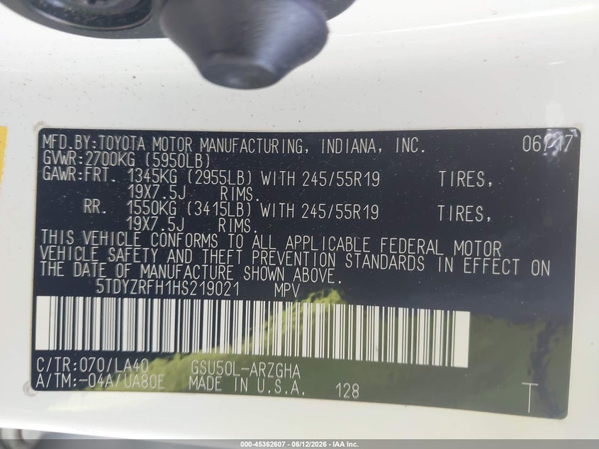 2017 Toyota Highlander VIN 5TDYZRFH1HS219021 IAAI salvage auction — FRONT END, Salvage (Georgia), sold $9,300 on 2026-07-16 (photo 9)