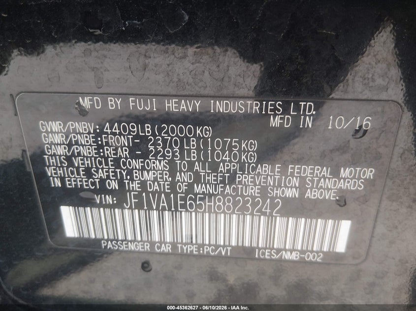 2017 Subaru Wrx VIN JF1VA1E65H8823242 IAAI salvage auction — REAR END, Salvage (Utah), sold $5,300 on 2026-07-23 (photo 9)