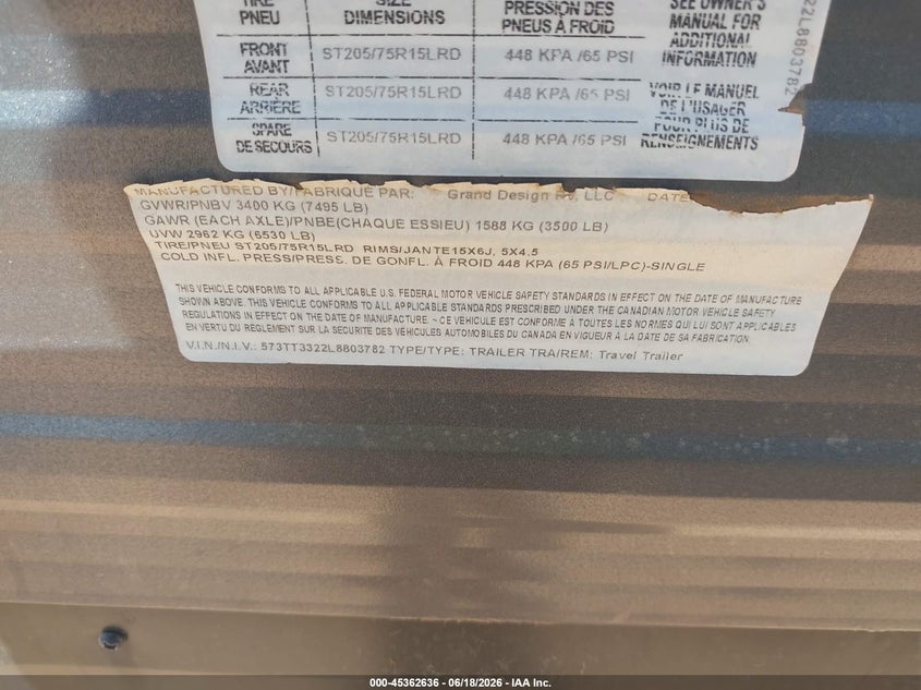 2020 Grand design Other VIN 573TT3322L8803782 IAAI salvage auction — HAIL, Wait Title, sold $5,750 on 2026-09-15 (photo 9)