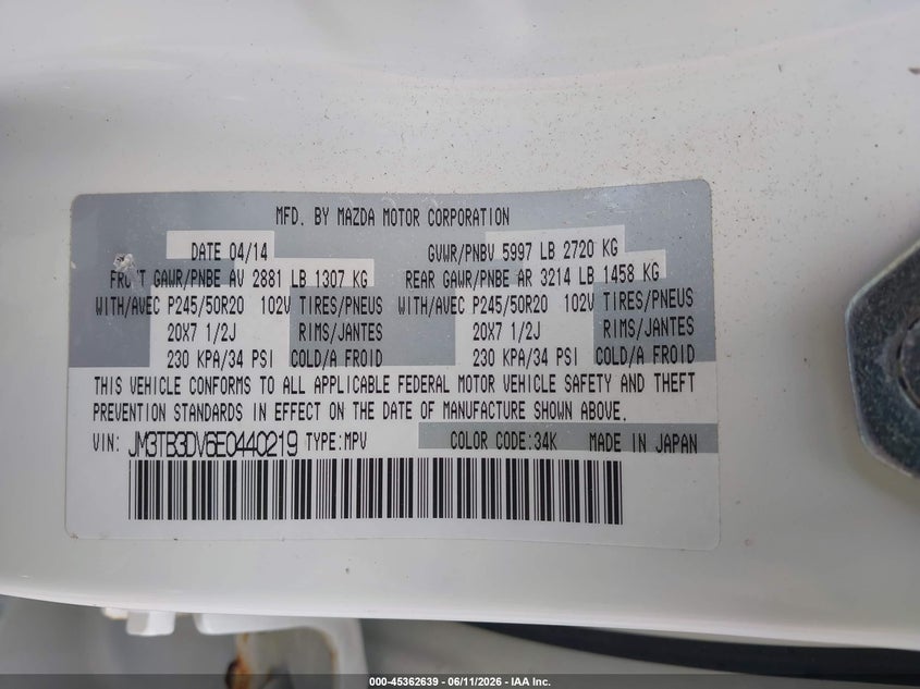 2014 Mazda Cx-9 VIN JM3TB3DV6E0440219 IAAI salvage auction — FRONT END, Salvage (Ohio), sold $1,450 on 2026-07-06 (photo 9)