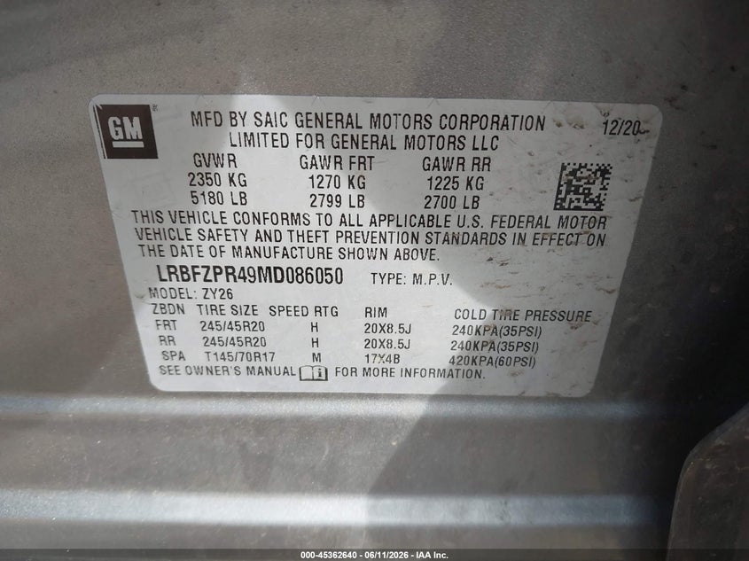 2021 Buick Envision VIN LRBFZPR49MD086050 IAAI salvage auction — LEFT FRONT, Salvage Title, sold $5,300 on 2026-07-24 (photo 9)