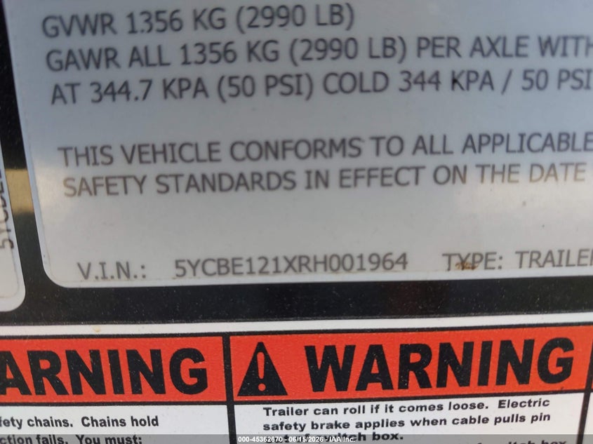 2024 Arising industries Enclosed trailer VIN 5YCBE121XRH001964 IAAI salvage auction — REAR END, Salvage (North Carolina), sold $1,300 on 2026-07-15 (photo 9)