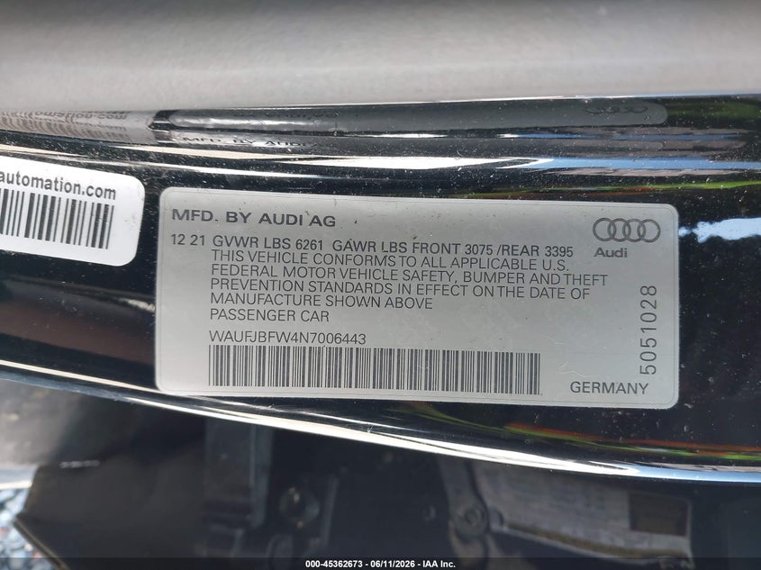 2022 Audi E-tron gt VIN WAUFJBFW4N7006443 IAAI salvage auction — FRONT END, Salvage Title, sold $10,100 on 2026-07-24 (photo 9)