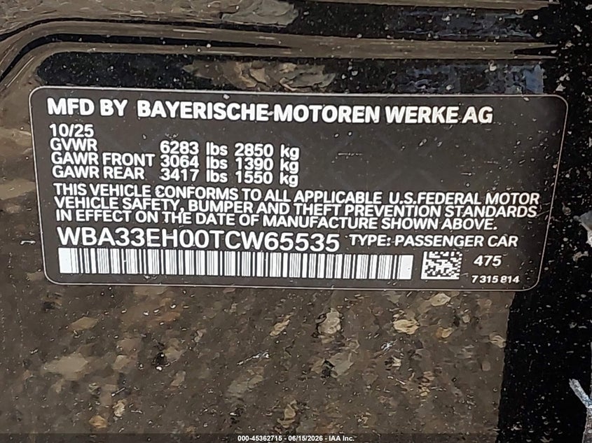 2026 BMW 7er VIN WBA33EH00TCW65535 IAAI salvage auction — LEFT FRONT, Salvage Title, sold $61,800 on 2026-08-10 (photo 9)