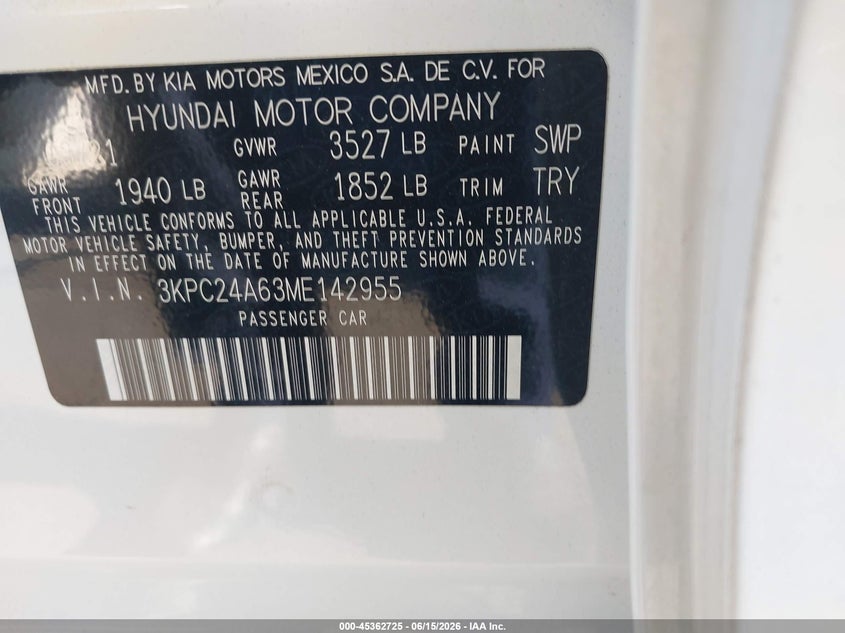 2021 Hyundai Accent VIN 3KPC24A63ME142955 IAAI salvage auction — FRONT END, Salvage Title, sold $2,150 on 2026-07-26 (photo 9)