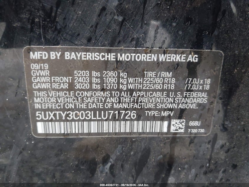 2020 BMW X3 VIN 5UXTY3C03LLU71726 IAAI salvage auction — UNDERCARRIAGE, Salvage (Georgia), sold $4,600 on 2026-07-27 (photo 9)