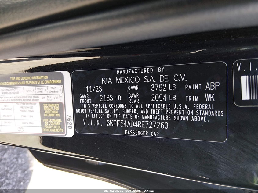 2024 Kia Forte VIN 3KPF54AD4RE727263 IAAI salvage auction — REAR END, Salvage Certificate (California), sold $8,700 on 2026-07-10 (photo 9)