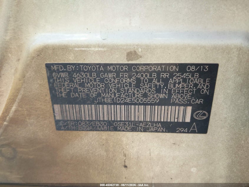 2014 Lexus VIN JTHBE1D24E5005559 IAAI salvage auction — THEFT, Salvage Title, sold $5,000 on 2026-07-29 (photo 9)