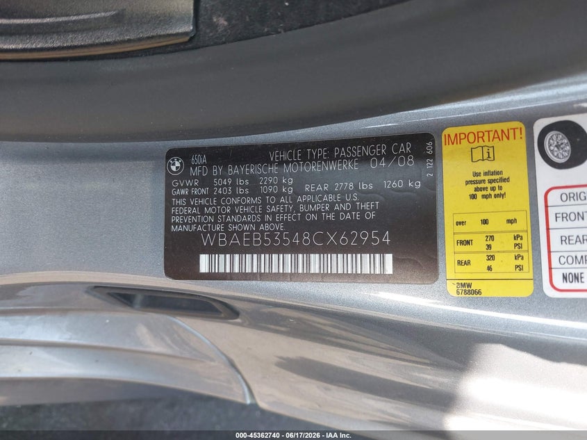 2008 BMW 6er VIN WBAEB53548CX62954 IAAI salvage auction — REAR END, Salvage Certificate (California), sold $2,600 on 2026-07-10 (photo 9)