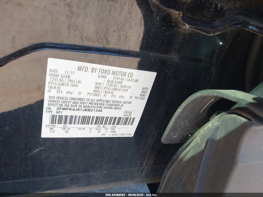 2018 Ford Edge VIN 2FMPK4J87JBB21348 IAAI salvage auction — NORMAL WEAR, Sf97 (New Hampshire), sold $9,200 on 2026-07-31 (photo 9)
