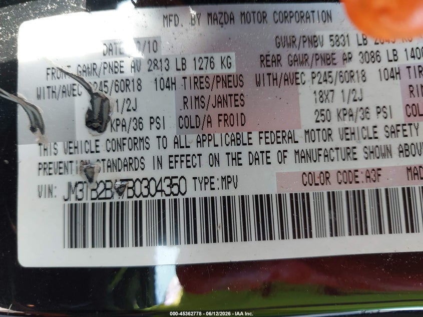 2011 Mazda Cx-9 VIN JM3TB2BA7B0304350 IAAI salvage auction — FRONT END, Salvage (Idaho), sold $500 on 2026-07-13 (photo 9)