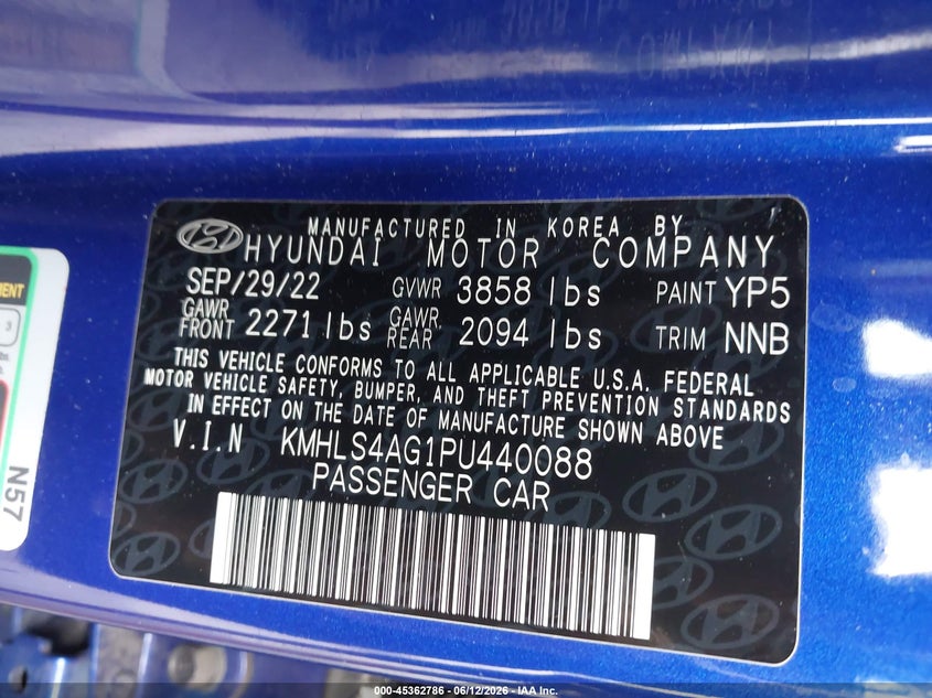 2023 Hyundai Elantra VIN KMHLS4AG1PU440088 IAAI salvage auction — REAR END, Rebuildable (Florida), sold $2,900 on 2026-07-28 (photo 9)