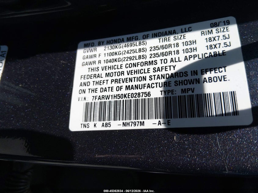 2019 Honda Cr-v VIN 7FARW1H50KE028756 IAAI salvage auction — RIGHT SIDE, Salvage Title, sold $8,700 on 2026-07-23 (photo 9)
