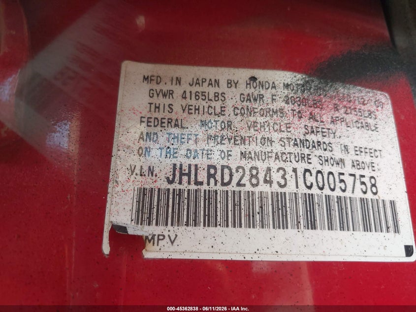 2001 Honda Cr-v VIN JHLRD28431C005758 IAAI salvage auction — NORMAL WEAR, Clear-Dealer Only (Arizona), sold $550 on 2026-07-14 (photo 9)