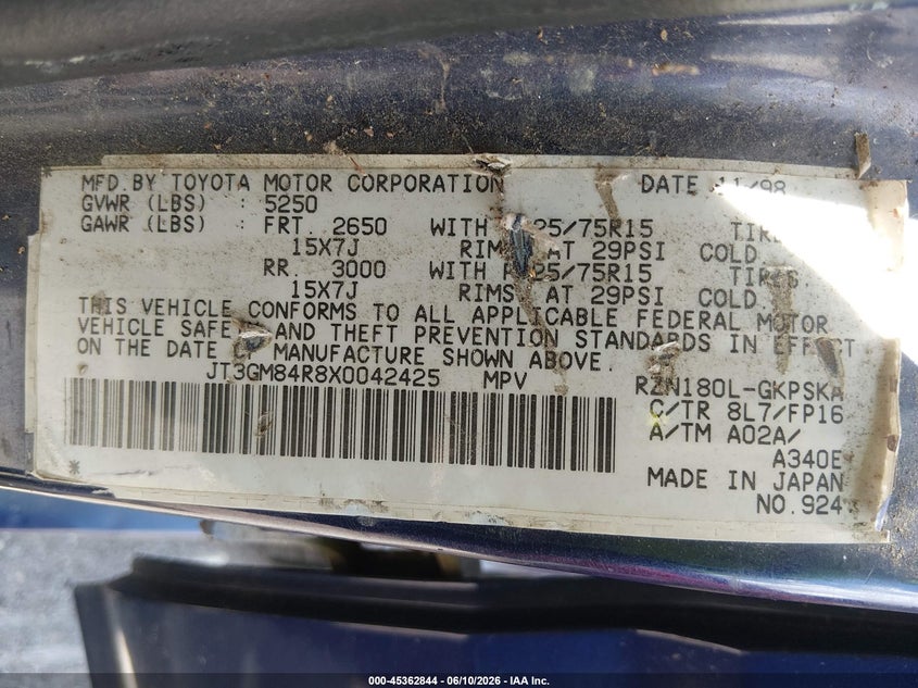 1999 Toyota 4runner VIN JT3GM84R8X0042425 IAAI salvage auction — NORMAL WEAR, Salvage (Texas), sold $700 on 2026-07-29 (photo 9)