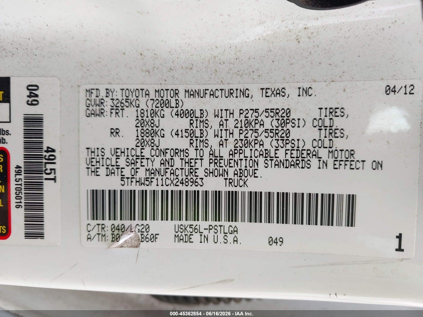 2012 Toyota Tundra VIN 5TFHW5F11CX248963 IAAI salvage auction — SIDE, Salvage (Georgia), sold $6,650 on 2026-07-20 (photo 9)