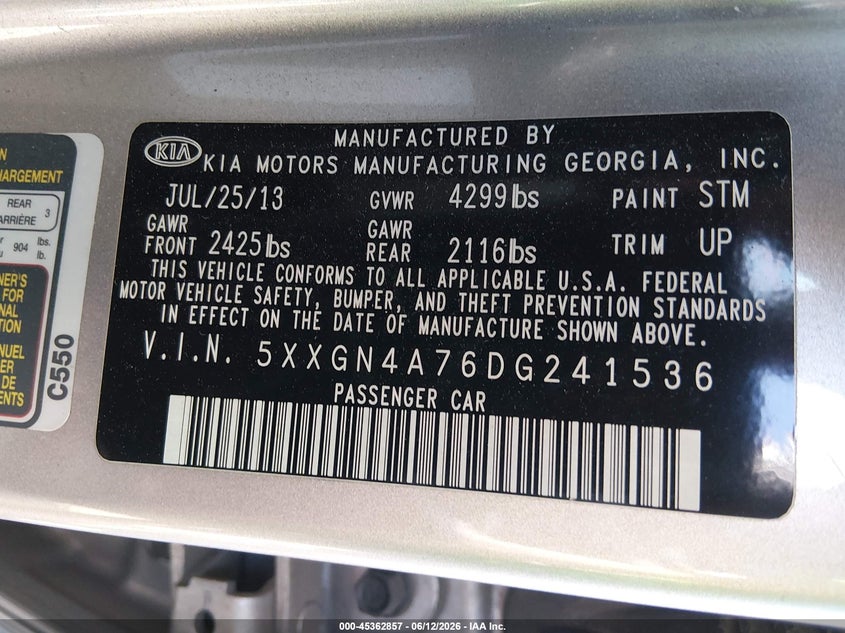 2013 Kia Optima VIN 5XXGN4A76DG241536 IAAI salvage auction — NORMAL WEAR, Clear (Colorado), sold $550 on 2026-07-14 (photo 9)
