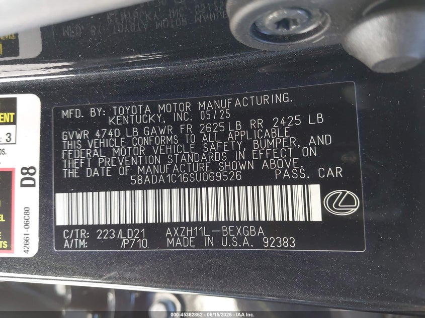 2025 Lexus ES VIN 58ADA1C16SU069526 IAAI salvage auction — REAR END, Salvage Title, sold $18,300 on 2026-07-29 (photo 9)