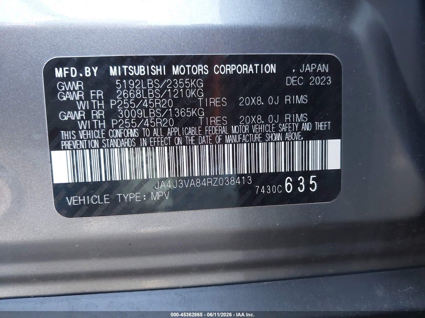 2024 Mitsubishi Outlander VIN JA4J3VA84RZ038413 IAAI salvage auction — FRONT END, Salvage Title, sold $5,300 on 2026-07-30 (photo 9)