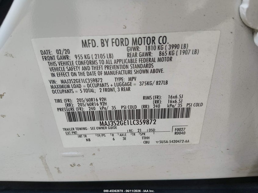 2020 Ford Ecosport VIN MAJ3S2GE1LC359872 IAAI salvage auction — FRONT END, Salvage (Georgia), sold $1,600 on 2026-07-23 (photo 9)