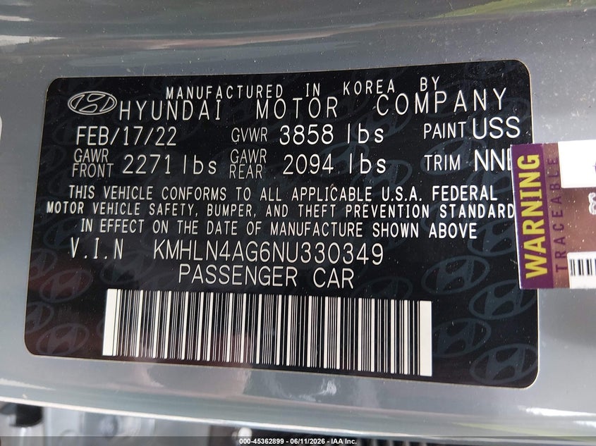 2022 Hyundai Elantra VIN KMHLN4AG6NU330349 IAAI salvage auction — FRONT END, Salvage Title, sold $4,650 on 2026-07-19 (photo 9)