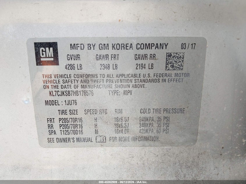 2017 Chevrolet Trax VIN KL7CJKSB7HB176576 IAAI salvage auction — NORMAL WEAR, Salvage Title, sold $2,250 on 2026-07-21 (photo 9)